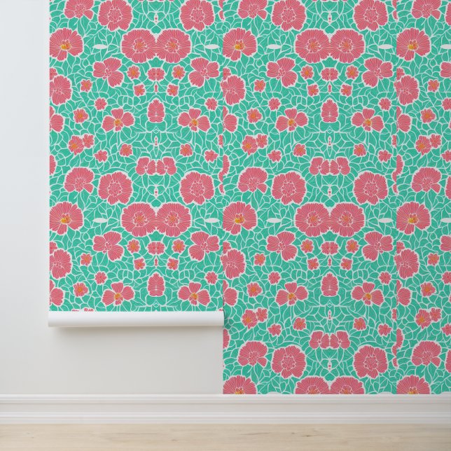 Pink Floral Pattern with Green Leaves Wallpaper (Application)