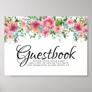 Pink Floral Peoney Christening Guestbook Sign