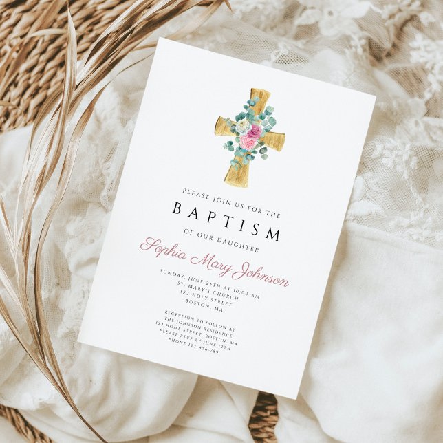 Pink Floral Peonies Cross Baptism Invitation (Pink Floral Peonies Cross Baptism Invitation)