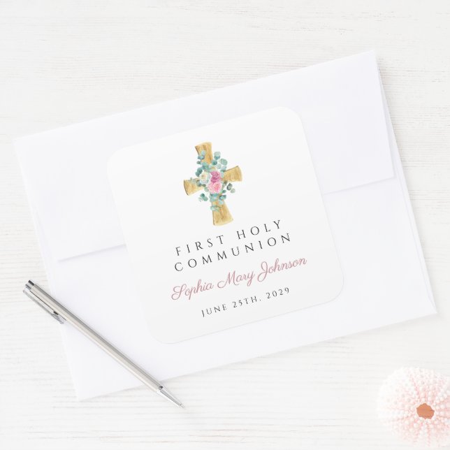 Pink Floral Peonies Cross First Communion Square Sticker (Envelope)