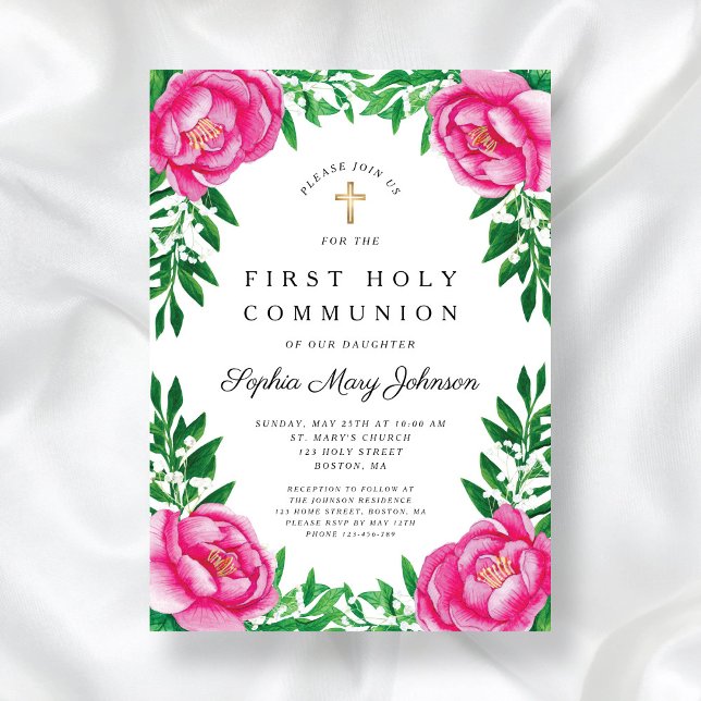 Pink Floral Peonies Religious First Communion Invitation (Pink Floral Peonies Religious First Communion Invitation)