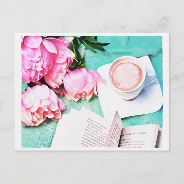 Pink Floral Peony Cosy Latte Watercolor Postcard (Front)