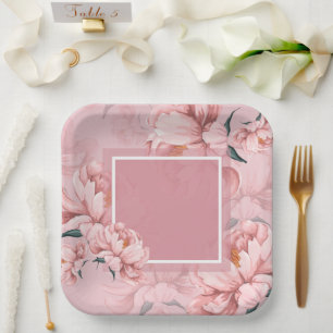 Pink floral peony flower paper plates