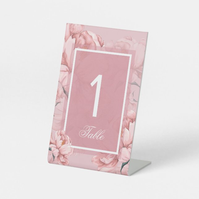 Pink floral peony flower  table number sign  (Front)