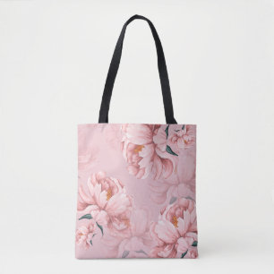 Pink floral peony flower tote bag