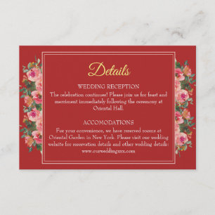 Pink floral peony modern chinese wedding details enclosure card