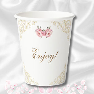 Pink Floral Peony Vintage Bridal Shower Paper Cups