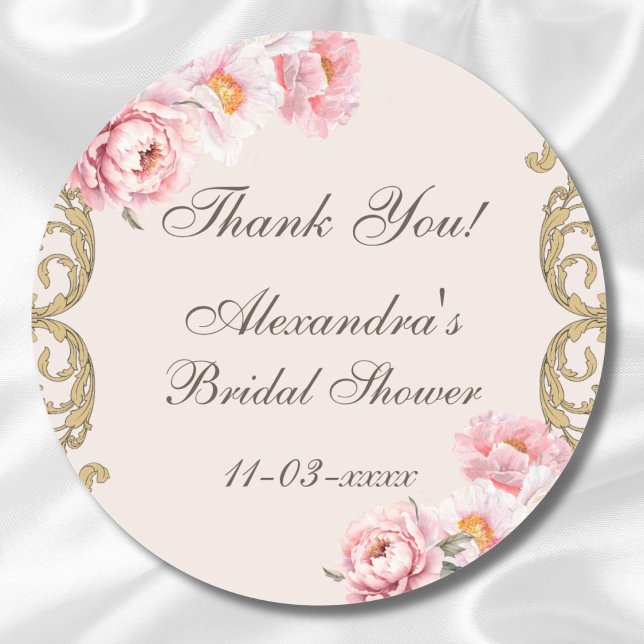 Pink Floral Peony Vintage Bridal Shower Thank You Classic Round Sticker (Creator Uploaded)