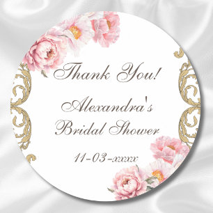 Pink Floral Peony Vintage Bridal Shower Thank You Classic Round Sticker