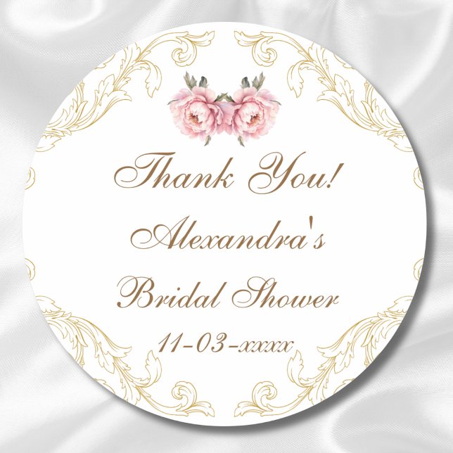 Pink Floral Peony Vintage Bridal Shower Thank You Classic Round Sticker (Creator Uploaded)