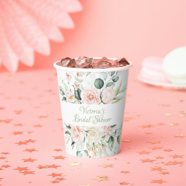 Pink Floral Personalised Elegant Bridal Shower Paper Cups (Insitu)