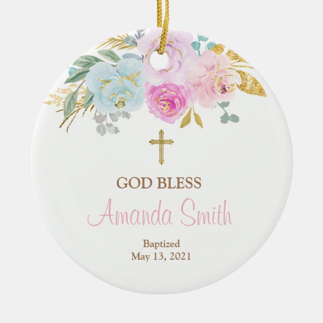 Pink Floral Personalised Girl Baptism Ornament (Front)