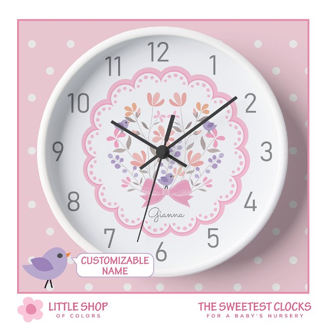Pink Floral Personalised Girls Nursery Clock (Creator Uploaded)