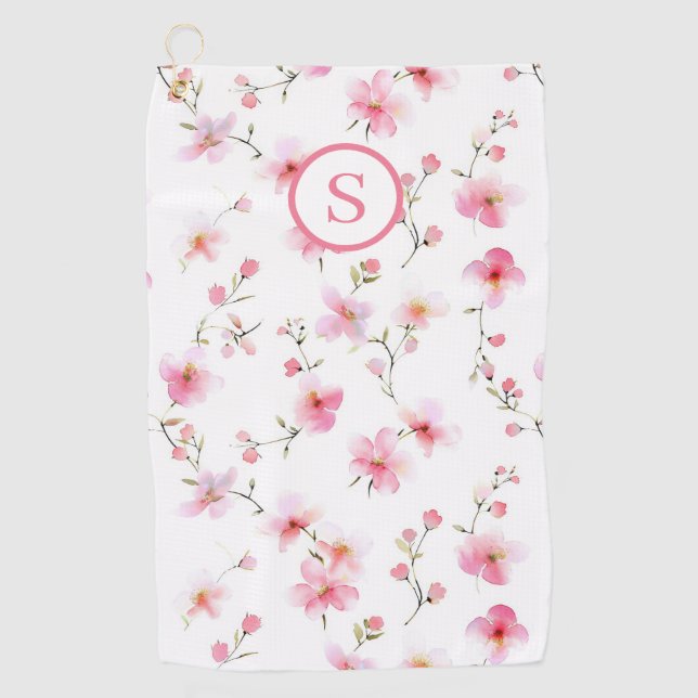 Pink Floral Personalised  Golf Towel (Front)
