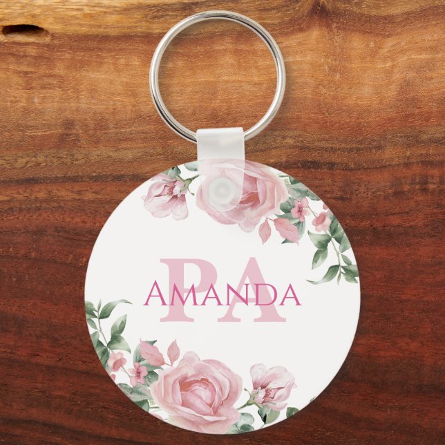 Pink Floral Personalised Name PA Key Ring (Front)