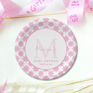 Pink Floral Personalized Baby Shower  Paper Plate