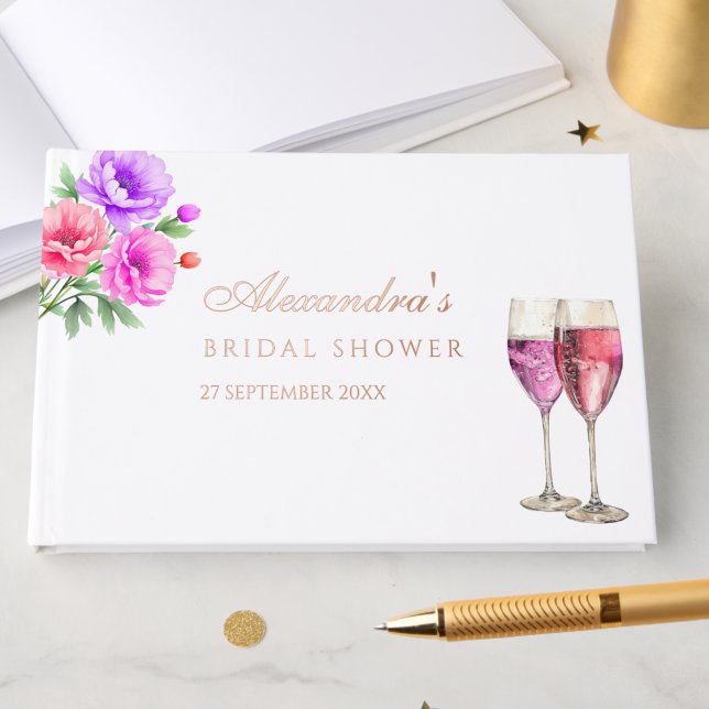 Pink Floral Petals and Prosecco Bridal Shower Guest Book (Creator Uploaded)