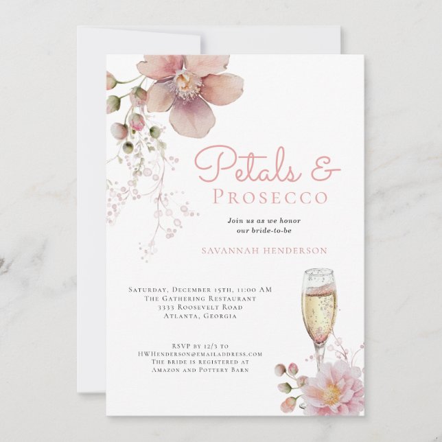 Pink Floral Petals and Prosecco Bridal Shower Invitation (Front)
