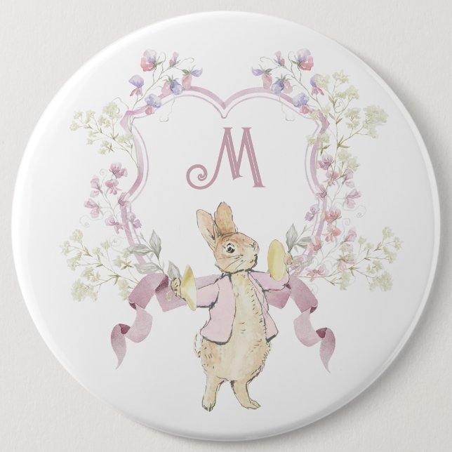 Pink Floral Peter the Rabbit Monogram Baby Shower 6 Cm Round Badge (Front)