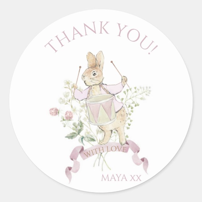Pink Floral Peter the Rabbit Monogram Baby Shower Classic Round Sticker (Front)