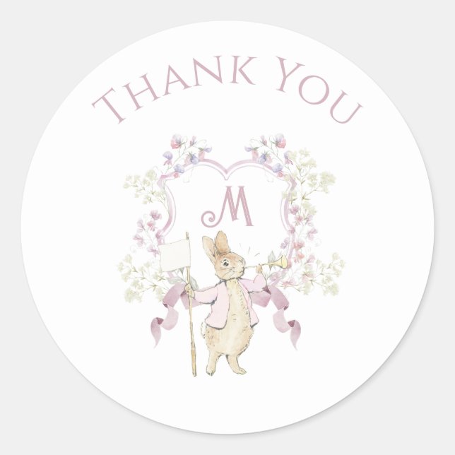Pink Floral Peter the Rabbit Monogram Baby Shower Classic Round Sticker (Front)