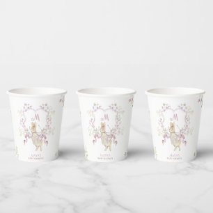 Pink Floral Peter the Rabbit Monogram Baby Shower Paper Cups
