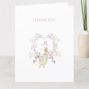 Pink Floral Peter the Rabbit Monogram Baby Shower Thank You Card