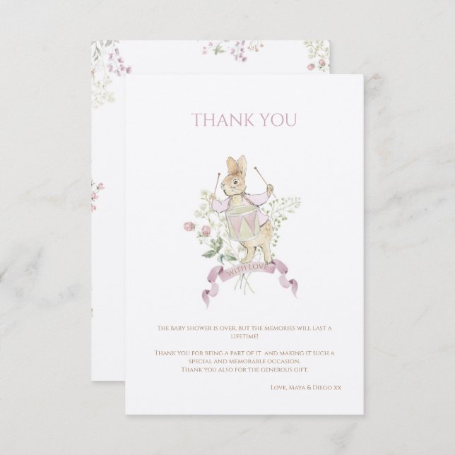Pink Floral Peter the Rabbit Monogram Baby Shower Thank You Card (Front/Back)