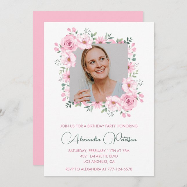 Pink Floral Photo 48th birthday invitations  (Front/Back)