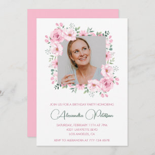 Pink Floral Photo 56th birthday invitations
