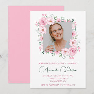 Pink Floral Photo 62nd birthday invitations 