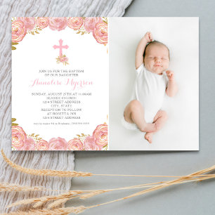 Pink Floral Photo Baptism Invitation