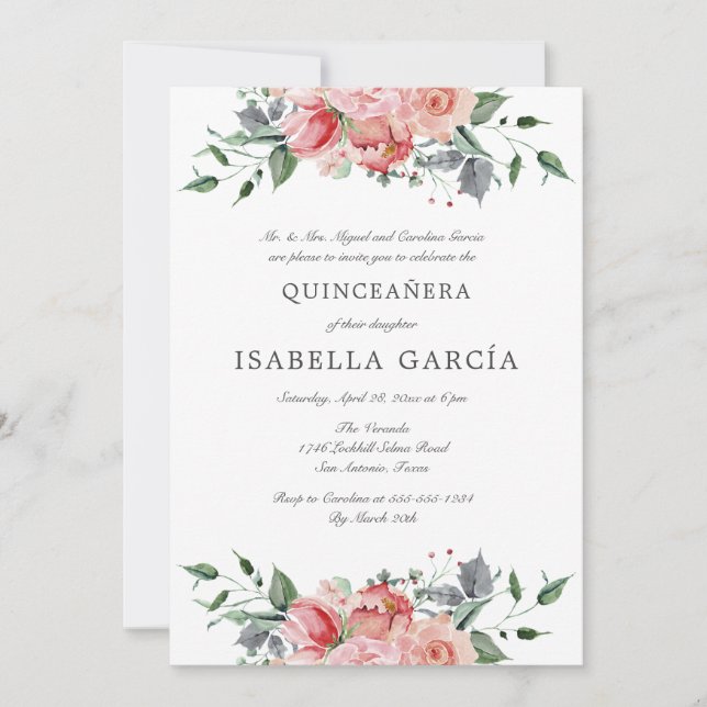 Pink Floral Photo Bible Verse Quinceañera Invitation (Front)