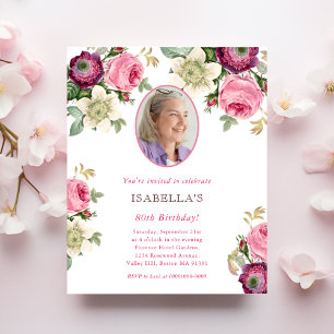 Pink Floral Photo Budget Birthday Invitation