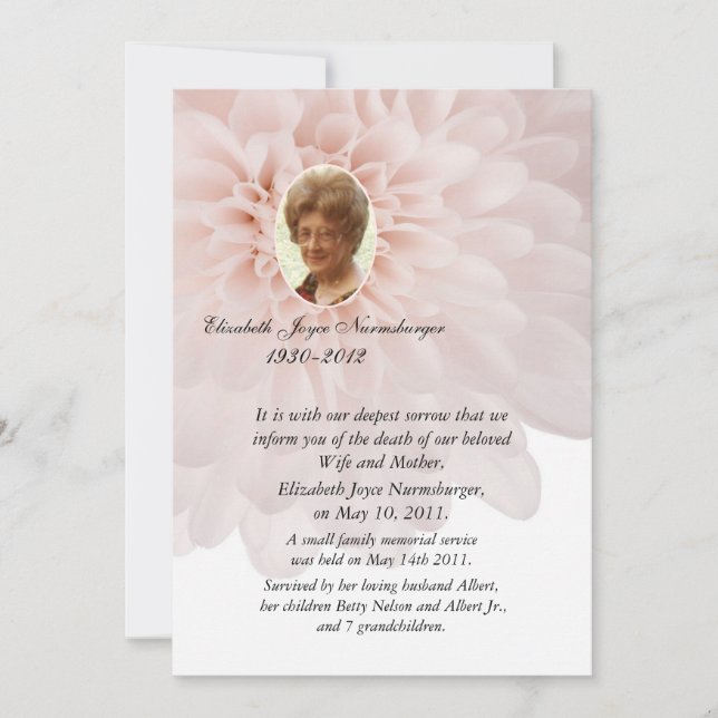 Pink Floral Photo Death Announcement Card (Front)