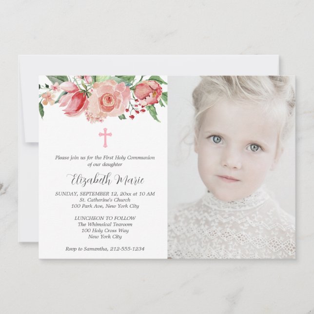 Pink Floral & Photo First Communion for Girls Invitation (Front)
