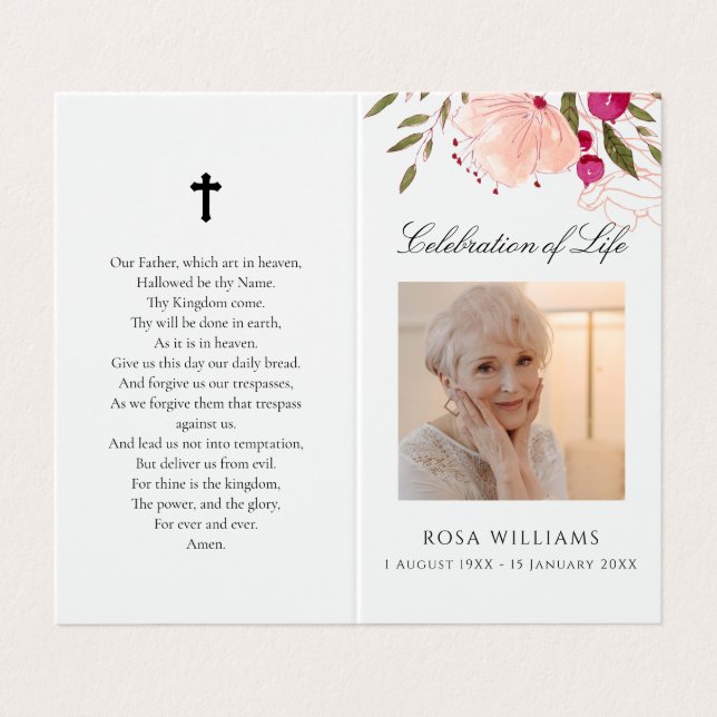 Pink Floral Photo Memorial Funeral Prayer Card (Outside Unfolded)