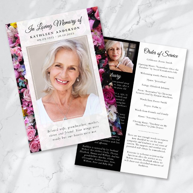 Pink Floral Photo Memorial Service Program Invitation (Creator Uploaded)