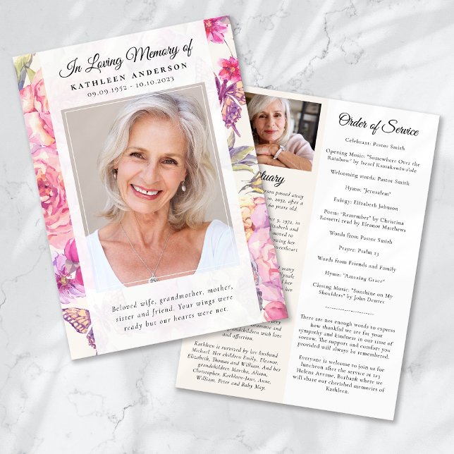 Pink Floral Photo Memorial Service Program Invitation (Creator Uploaded)