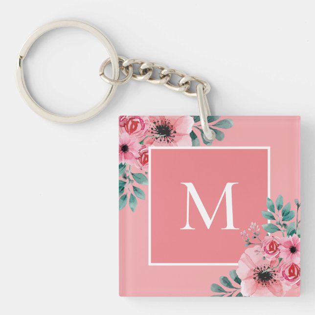 Pink | Floral Photo Monogram Key Ring (Front)