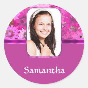 Pink floral photo template classic round sticker