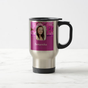 Pink floral photo template travel mug