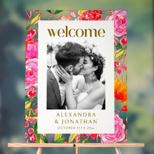 Pink Floral Photo Wedding Welcome Bold Colorful Acrylic Sign