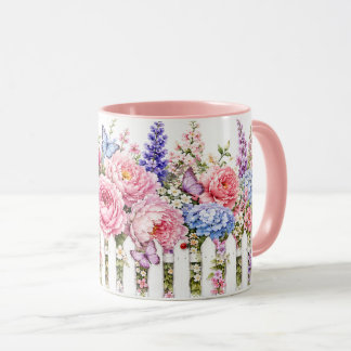Pink Floral Picket Fence Butterfly Garden Mug
