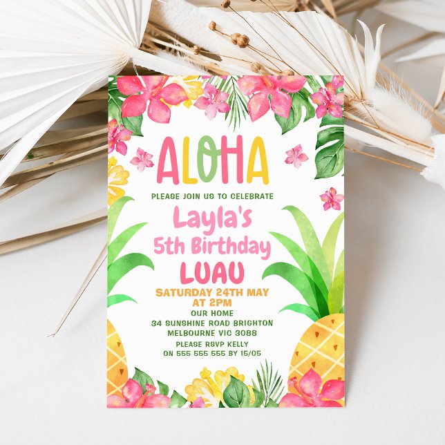 Pink Floral Pineapple Aloha Luau Birthday  Invitation (Aloha Luau Birthday Invitation, Hawaiian birthday invite, Pineapple Birthday Invitation,
Summer)