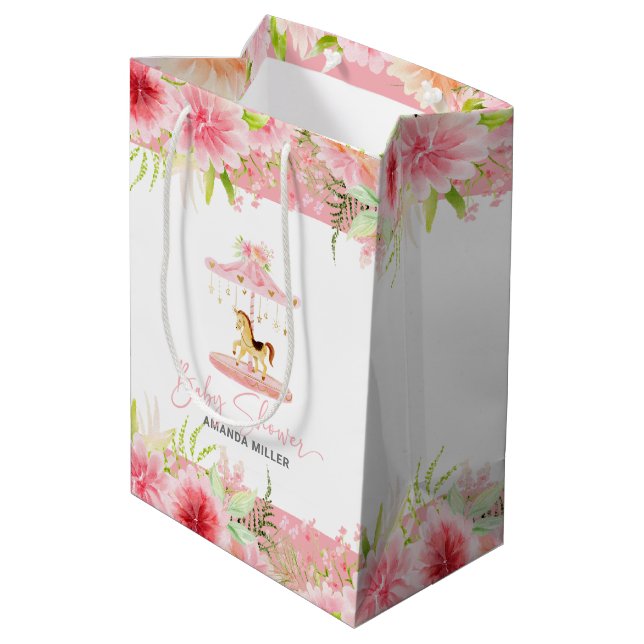 Pink Floral Pony Carousel Bay Shower Typography Medium Gift Bag (Back Angled)