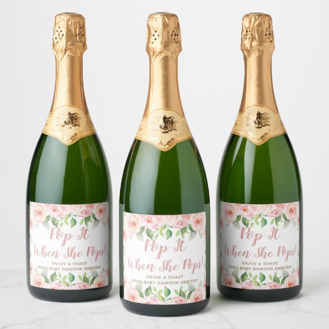 Pink Floral Pop It When She Pops Girl Baby Shower Sparkling Wine Label (Bottles)