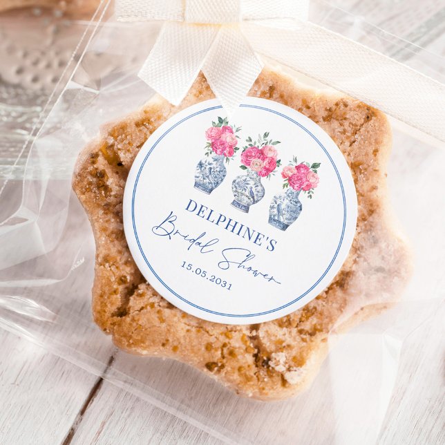 Pink Floral Porcelain Chinoiserie Bridal Shower Classic Round Sticker (Creator Uploaded)