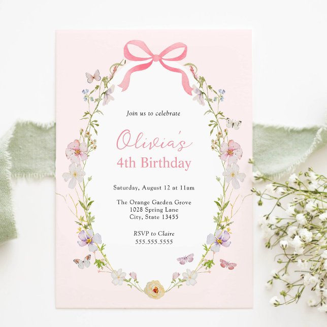 Pink Floral Pretty Bow Birthday Invitation (Creator Uploaded)