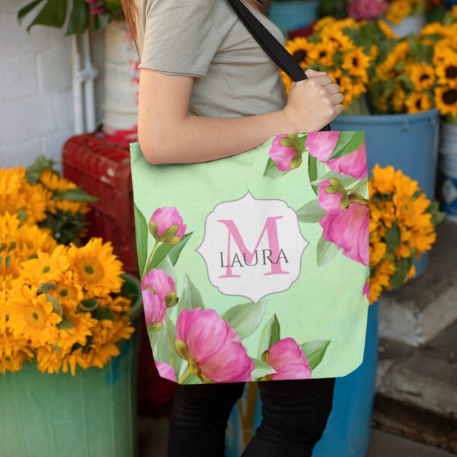 Pink Floral Pretty Monogram Personalised Tote Bag (Creator Uploaded)